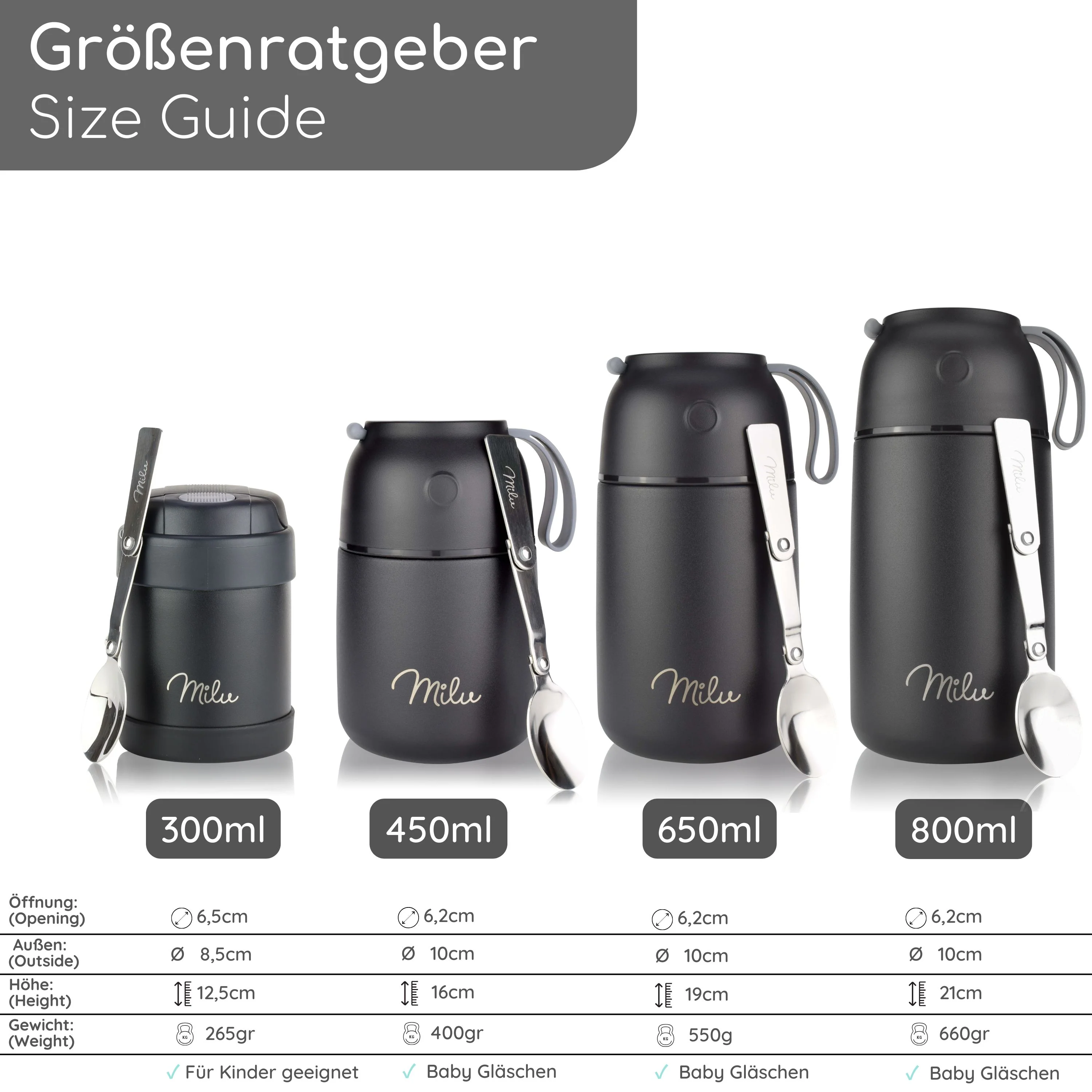 Milu® Thermobehälter für Essen, mit Löffel, auslaufsicher, isoliert (450 ml, 650 ml, 800 ml) - Image 8